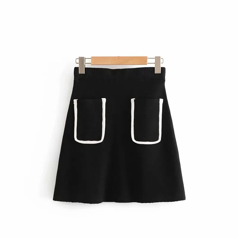 black Wonder новые осенние винтажные черно-белые трикотажные мини-женские юбки-карандаш шикарная юбка с карманами юбки в деловом стиле - Цвет: black