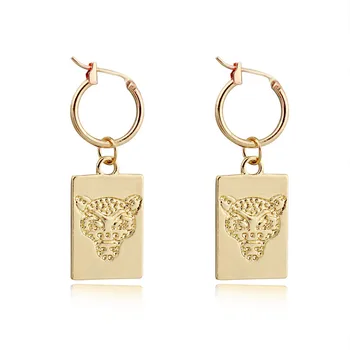 

Dayoff 1Pair Rectangle Leopards Head Hoop Earrrings Animal Round Tag Earstud Women Jewelry Small Long Earrings E837