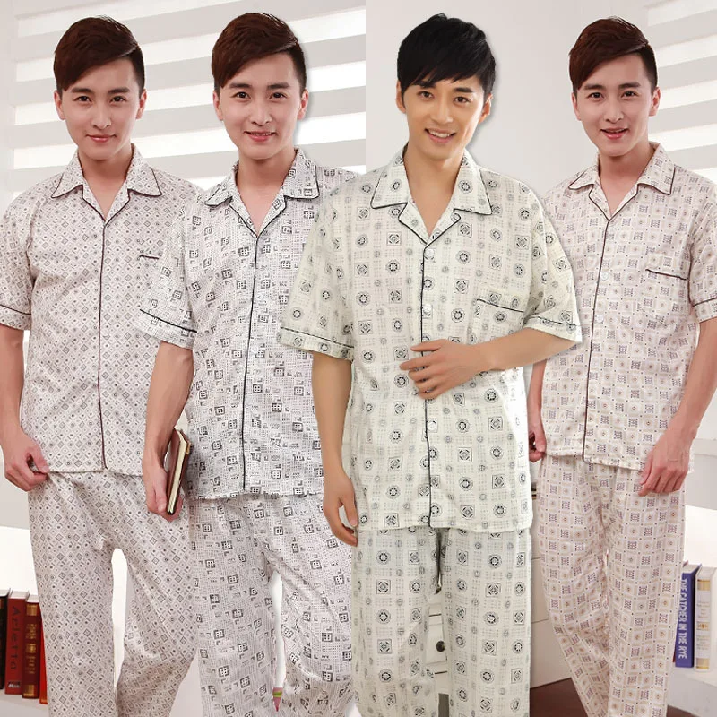 

Summer Men Sleepwear Casual Male Pajamas PJ Suit 2PCS Turn Down Collar Shirt&Pant Nightwear Loose Print Flower Sleep Home Wear
