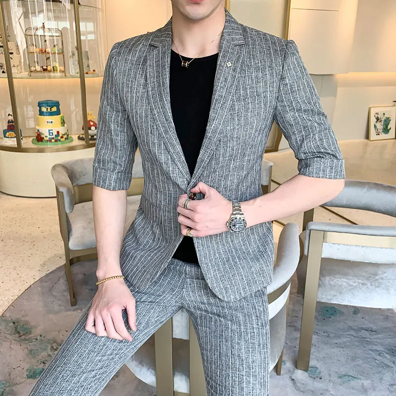 

MarKyi 2019 summer half sleeve wedding suits for men good quality one button man suit slim fit (jacket and pant)