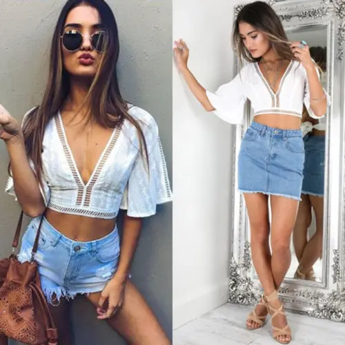 

Hot Sale Women Short Sleeve Crop Tops Floral Lace Up White V Neck Bandage Shirt Hollow Out Summer Beach Tank Blouse