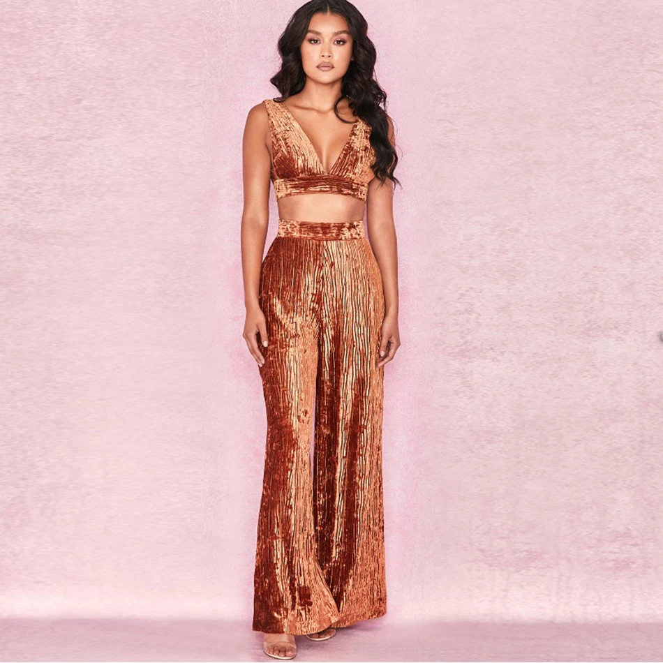 

Velvet women's 2 piece set 2019 new sexy bra and wide leg pants women's two-piece tops and pants