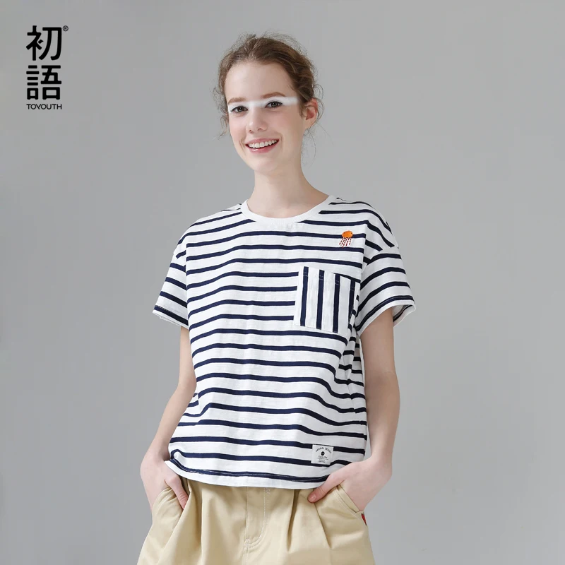 

Toyouth Striped Cotton Summer T-Shirt Embroidery Short Paragraph Tshirt Women Tops Casual Pocket Short Sleeve Tee Shirt Femme