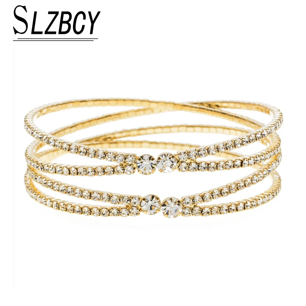 

SLZBCY Fashion Women Charm Gold Color Rhinestones Multilayer Open Bracelets&Bangles Hollow Pulseiras Bijoux Ladies Anniversary