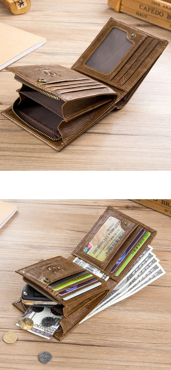 Bullcaptain Men Cowhide 9 Card Slots Zipper Coin Bag Wallet