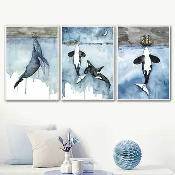 

Cartoon Blue Whale Shark Boat Wall Art Canvas Painting Nordic Posters And Prints Wall Pictures For Living Room Decor