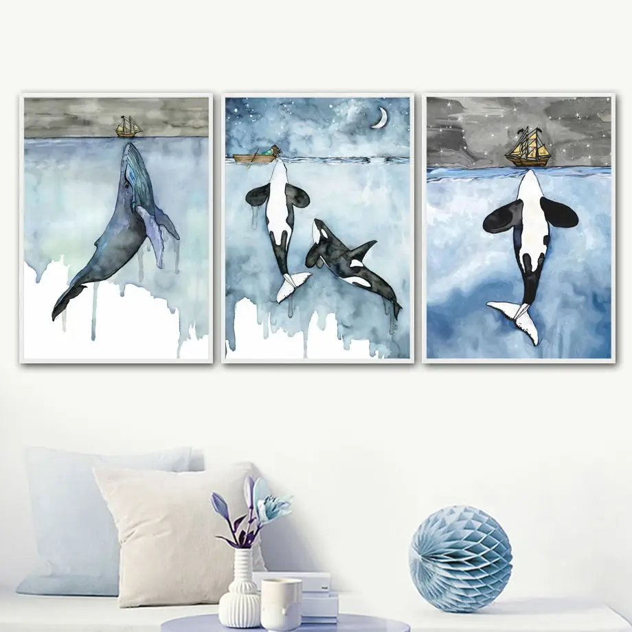 

Cartoon Watercolor Blue Whale Shark Boat Wall Art Canvas Painting Nordic Posters And Prints Wall Pictures For Living Room Decor