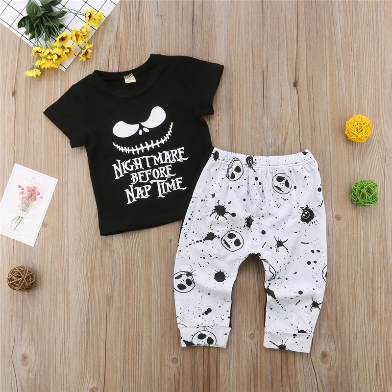 Lovely Kids Baby Boys Gril Skull Halloween Party Costumes Fancy Sunsuit Toddler Girls Summer Tops T-shirt Pants Outfits Clothing - Цвет: Черный