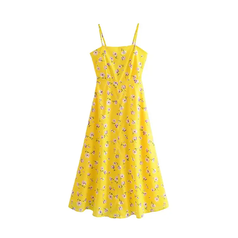 Vadim женское Сексуальное желтое платье миди с цветочным принтом на спине, эластичные регулируемые лямки, женские стильные шикарные пляжные платья, vestidos QC449 - Цвет: as picture