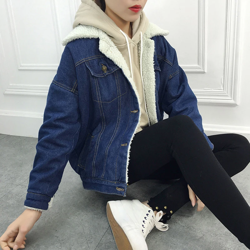 Autumn Spring Thicken Lambs Wool Basic Denim Jacket Women Corduroy Loose Long Sleeve Coat Warm Velvet Jeans Outerwear