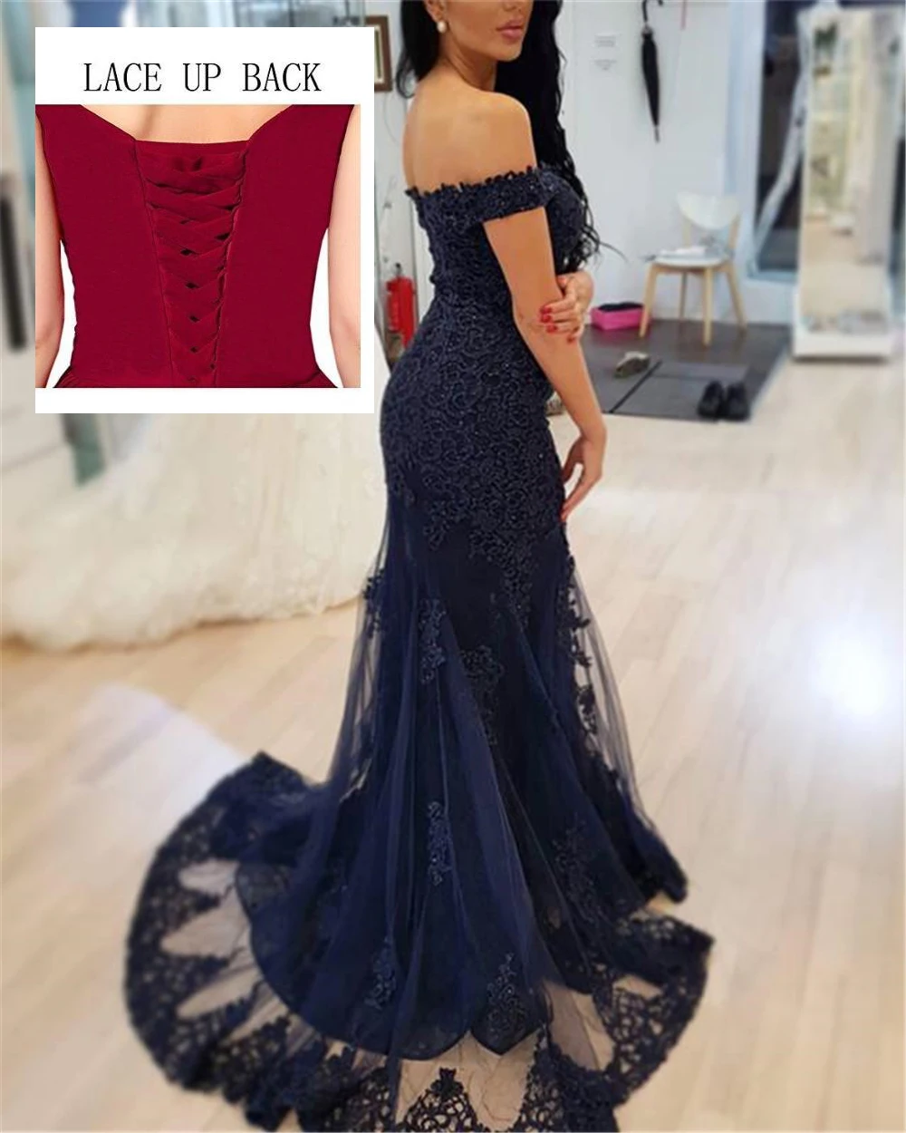 

Sparkling Prom Dresses Handmade Off The Shoulder Appliques Lace Tulle Lace-up Navy BlueProm Gowns Evening Dresses