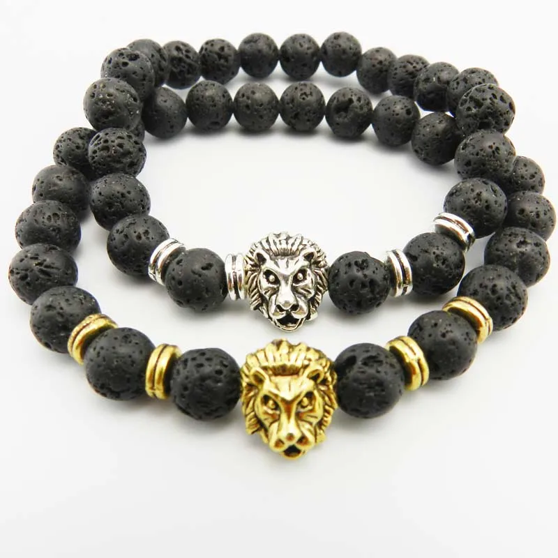 

Wholesale Antique Buddha Leo Lion Head Bracelet Black Lava Stone Beaded Bracelets For Men Women Pulseras Hombre N4-3