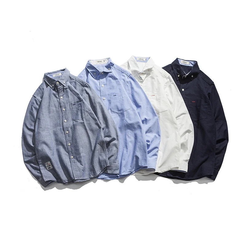 

Men Solid Oxford Shirt Long Sleeve Cotton High Quality Men White Shirts Retro Slim Fit Vintage Streetwear Fashion Shirt Men 2018
