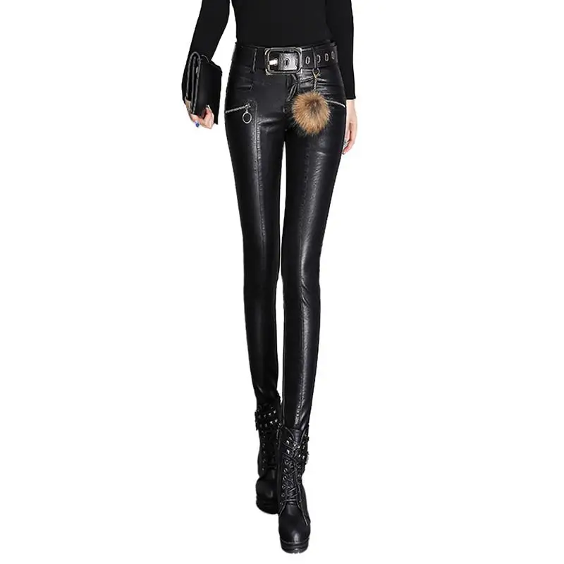 

2019 Autumn Winter Women's Leather Pants Female High Waisted Leather Pants Trousers Lady PU Skinny Stretch Pencil Pantalons V571