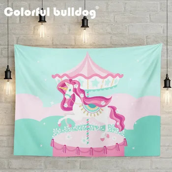 

Colorful Unicorns Hanging Blankets Shiny Rainbow Star Diamond Carousel Wall Tapestry Children Room Decor Custom Cartoon Tapestry