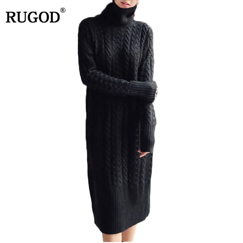 

RUGOD 2018 winter Women Sweater Dress Spring casual Fashion turtleneck Basic long Solid Color twisted Knitted Dress Pullover