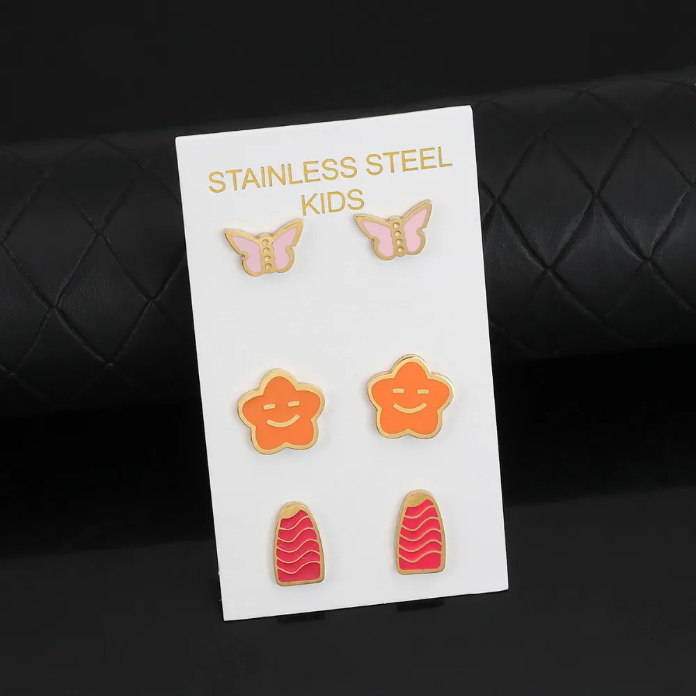 

8Seasons New Fashion Stainless Steel Ear Post Stud Earrings Gold/Silver Color Orange Cake Butterfly Enamel, 1 Set ( 3 Pairs/Set)