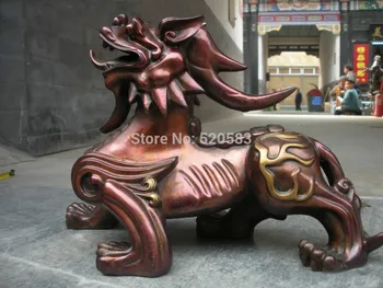 

China Pure red Bronze Wealth Foo Dog Lion Dragon Kylin Evil spirits Statue fast
