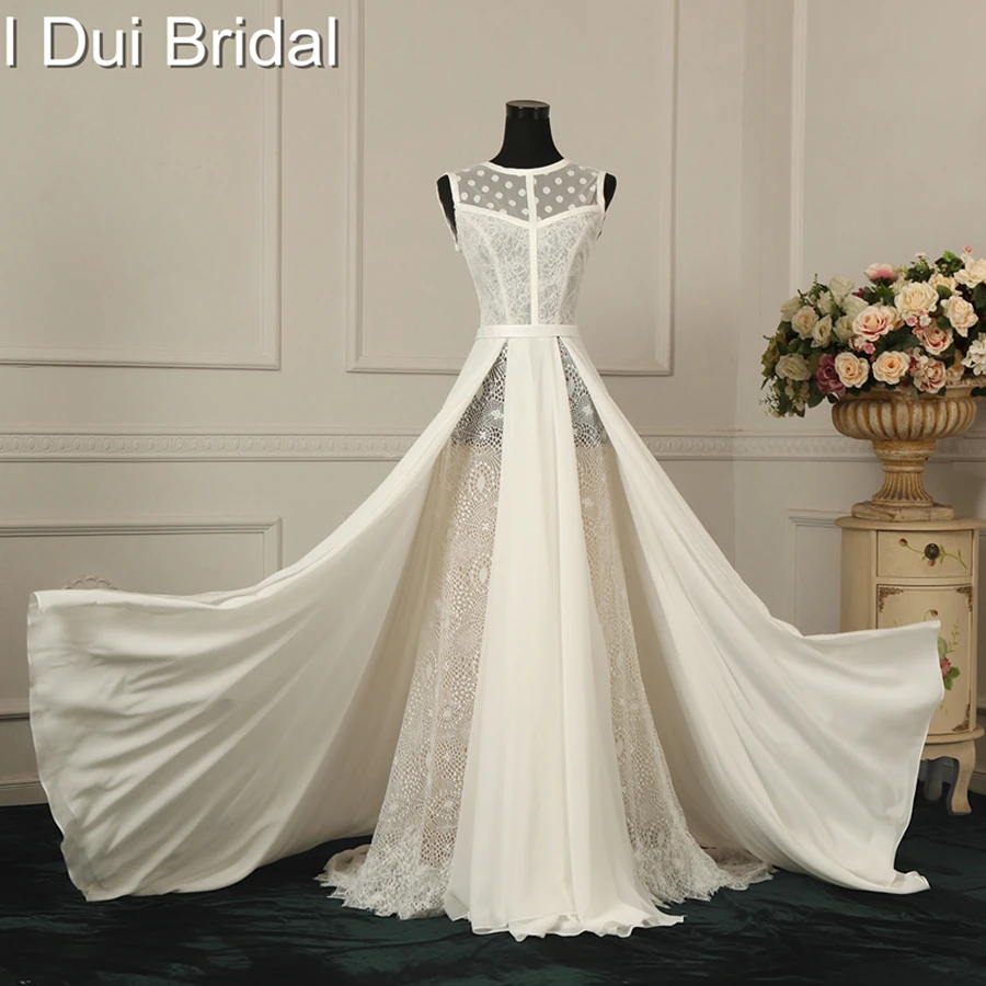 

A Line Split Wedding Dresses Dot Tulle Unique Lace Chiffon Factory Real Photo