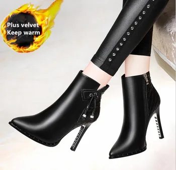 

2019 Quality Designer shoes women genuine leather winter boots pointed toe black stiletto heels ankle booties Botas Mujer D-85