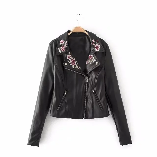 

Spring Fall New Style Women Fashion Flower Embroidery Pu Leather Jacket CKP-030