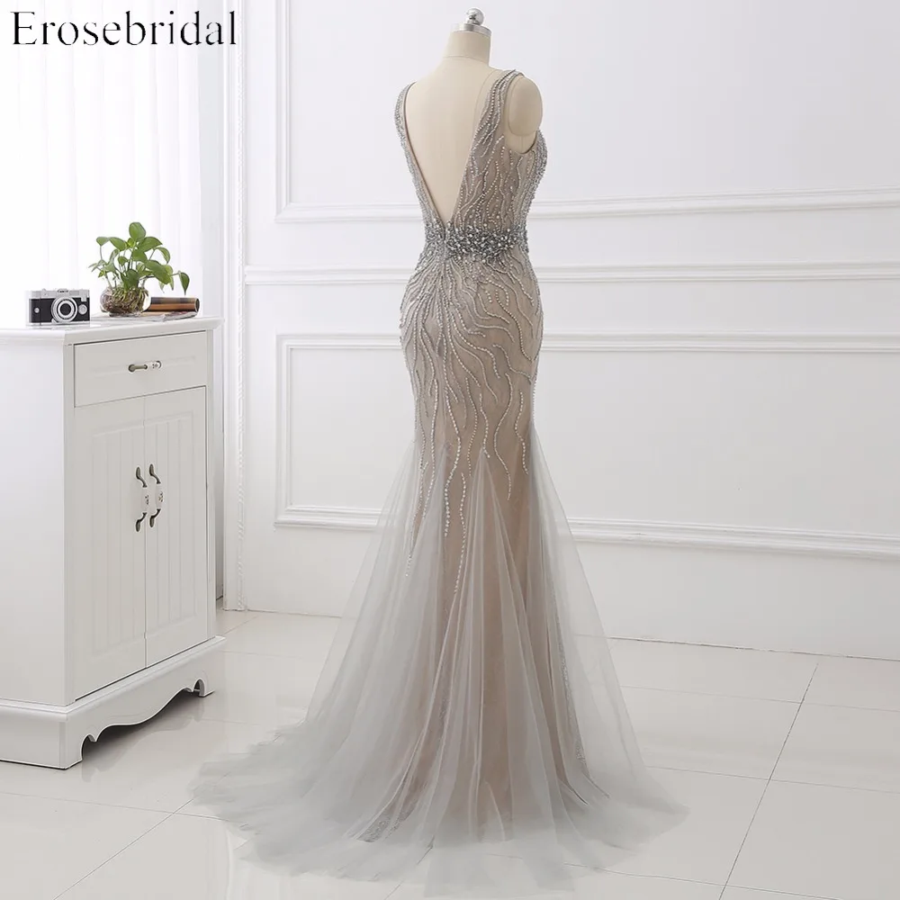 Женское длинное вечернее платье Русалка Erosebridal серое роскошное со шлейфом и