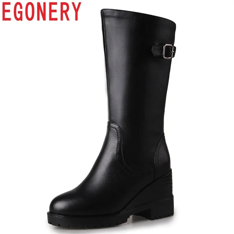 

EGONERY genuine leather newest hot sale high wedges platform round toe zipper concise casual winter mid calf boots free shipping