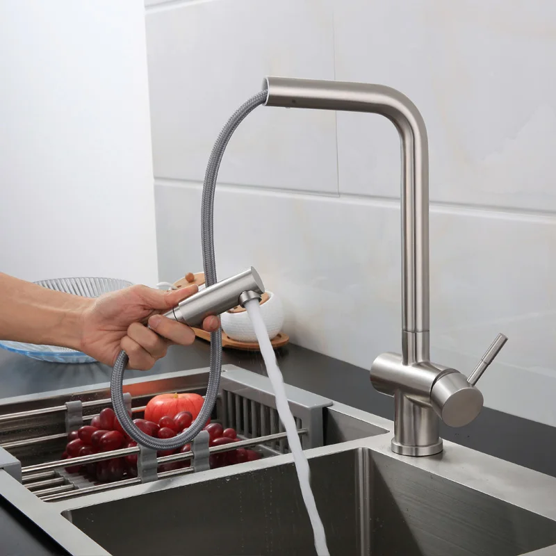 Kitchen Faucets Silver Single Handle Pull Out Kitchen Tap Single Hole Handle Swivel 360 Degree Water Mixer Tap sink faucets