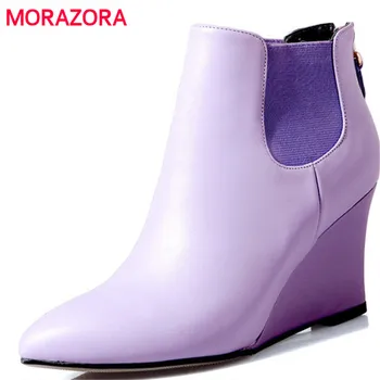 

MORAZORA 2018 new autumn winter genuine leather boots fashion pointed toe wedges ankle boots sexy high heel women boots