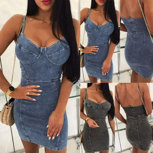

Fashion Women Summer Banadge Bodycon Vinatge Denim Look Holiday Backless Pencil Dress Ladies Backless Party Mini Dress