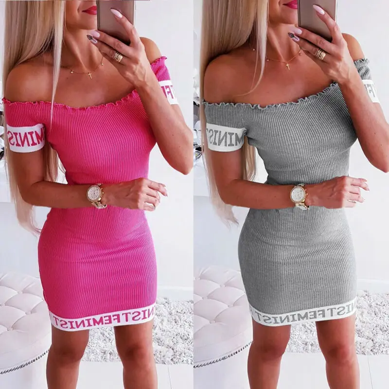 

Hirigin Women Off Shoulder Summer Boho Letter Printed Casual Bodycon Mini Shirt Beach Dress New