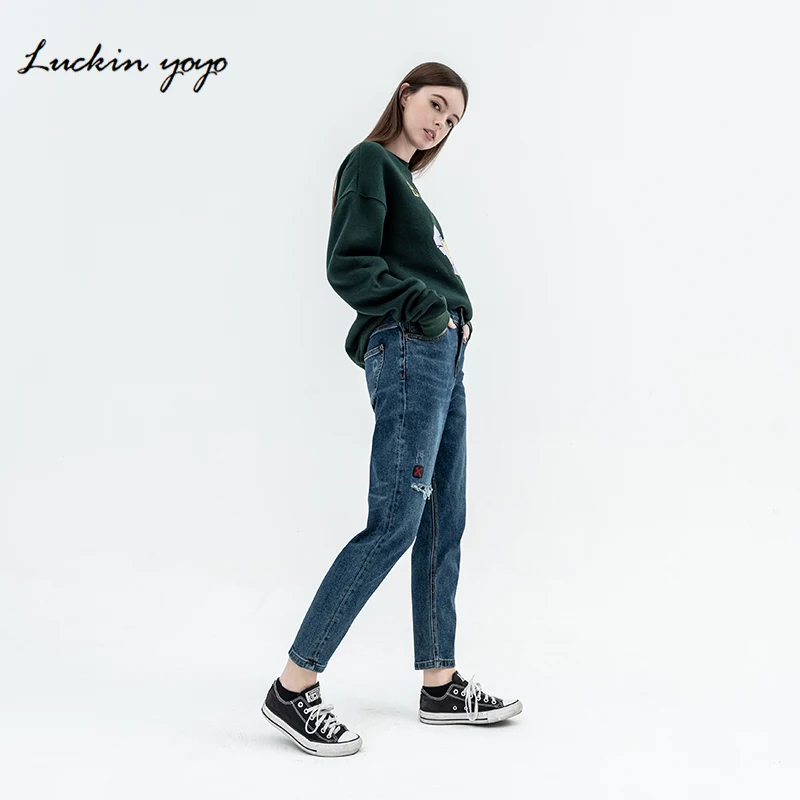 Luckin yoyo Women's High Waist Torn Denim Capri Blue Women Jeans False Ripped Patchwork Jeans Pant Casual Loose Boyfriend Jeans