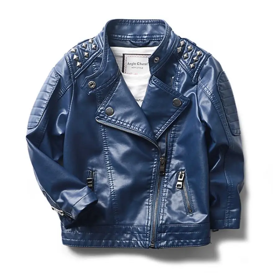 dark blue Детская одежда Куртки из искусственной кожи для мальчиков с заклепками г. новая весенняя детская верхняя одежда для маленьких мальчиков и девочек, костюм, пальто, одежда Y941 - Цвет: dark blue