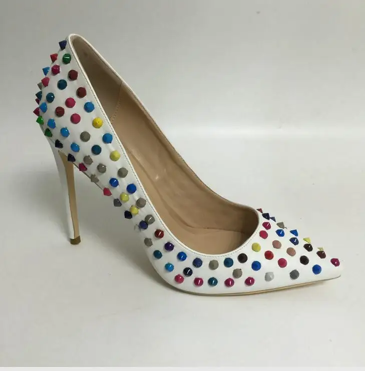 

White Slip-on Women Pumps With Colorful Rivets Pointed Toe Women's Summer Pumps Italian Shoe Bag Set for Ladies