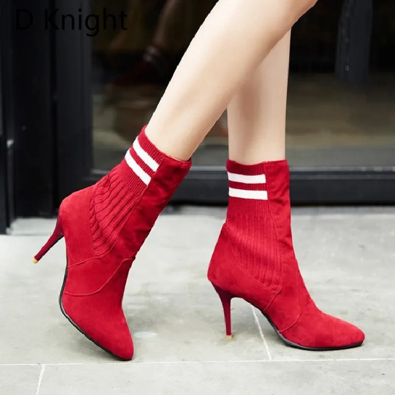 Fashion Elastic Ankle Sock Boots Stretch Thin High Heels Women Winter Sexy Black Booties Pointed Toe Women Pumps Plus Size 33-43 (1)