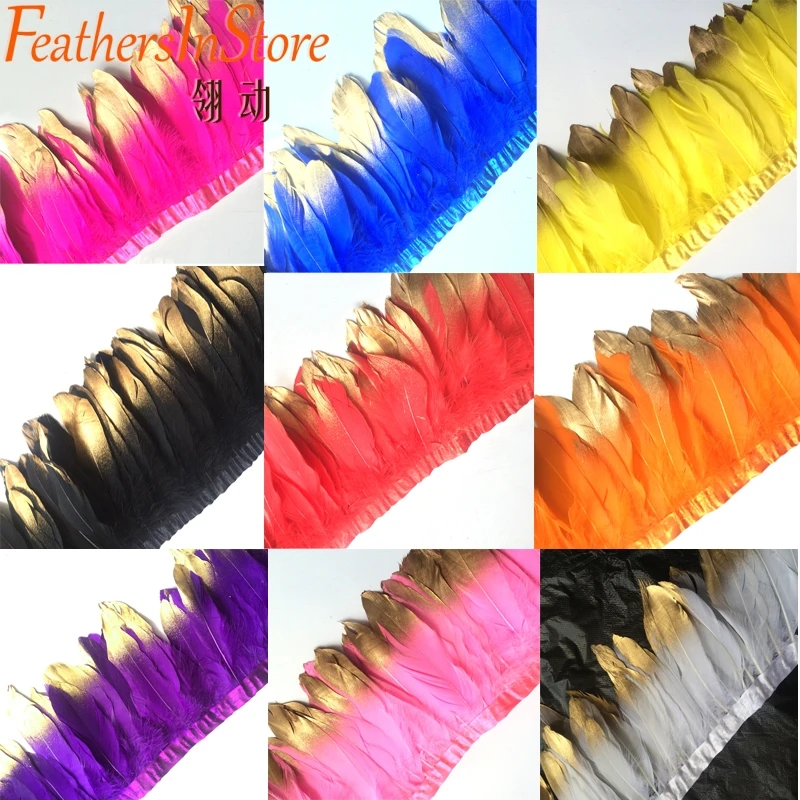 

2Meters/piece golden plating geese feather fringe Goose Feather Trims with Satin Ribbon Tape for skirt