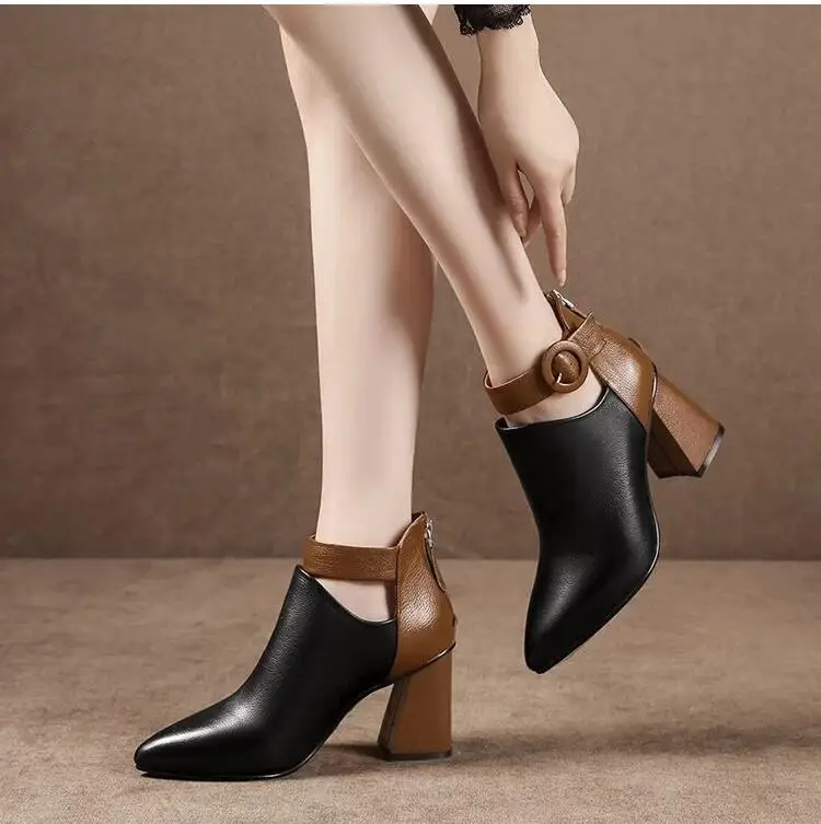 

New Fashion Brand Lace Up Women Boots Square High Heels 8cm Side Zip Buckle Strap Women Ankle Boots Autumn Winter Plush Shoes