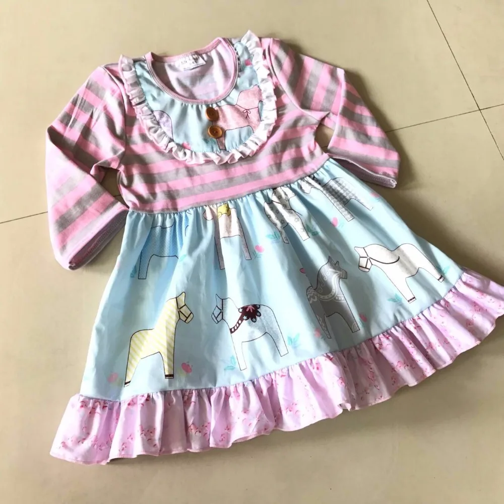 

Pink Stripe Long Sleeve Cute Style Spring And Autumn With Animals Print Baby Girls Dress Of Kids For Baby's Birthday's Banquet