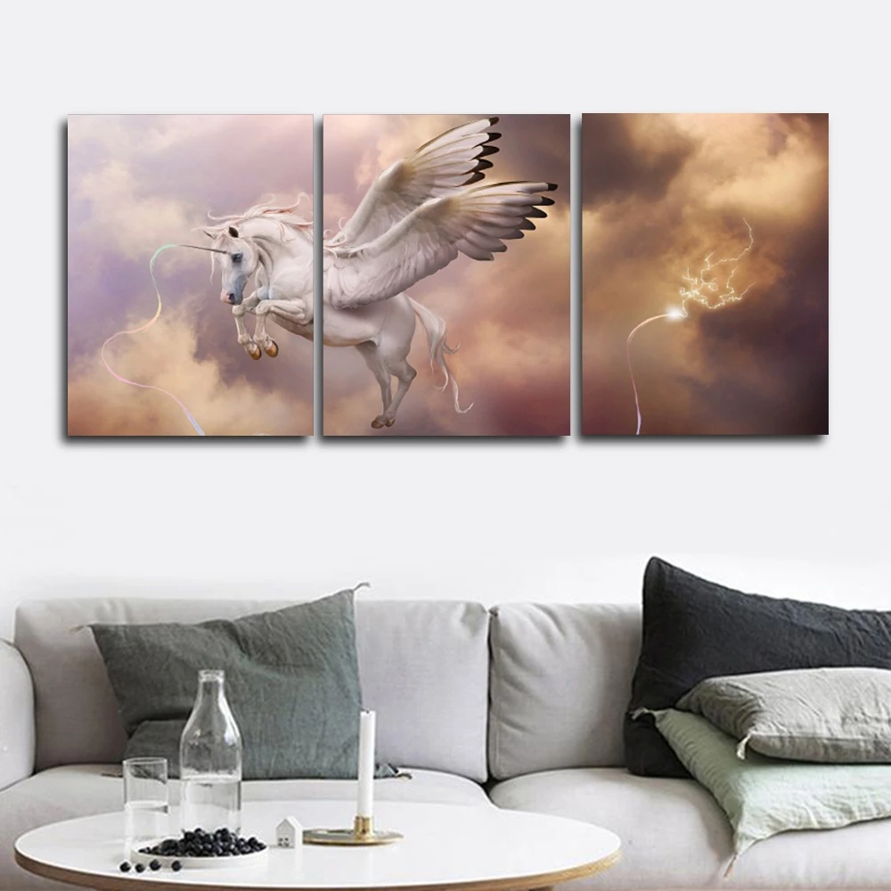 

Laeacco 3 Panel Animal Posters and Prints Flying Unicorn Wall Artwork Vintage Canvas Calligraphy Painting Home Living Room Decor