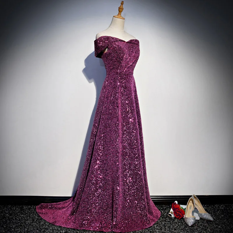 

New Elegant Burgundy Boat Neck Long Evening Dresses Sequin knitting Lace Up Wedding Formal Party dress Robe de Soiree