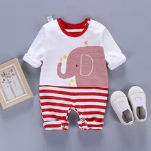 PatPat Spring and Autumn New Cotton Casual Baby Striped Elephant Print Jumpsuit Crawling Boots Newborn
