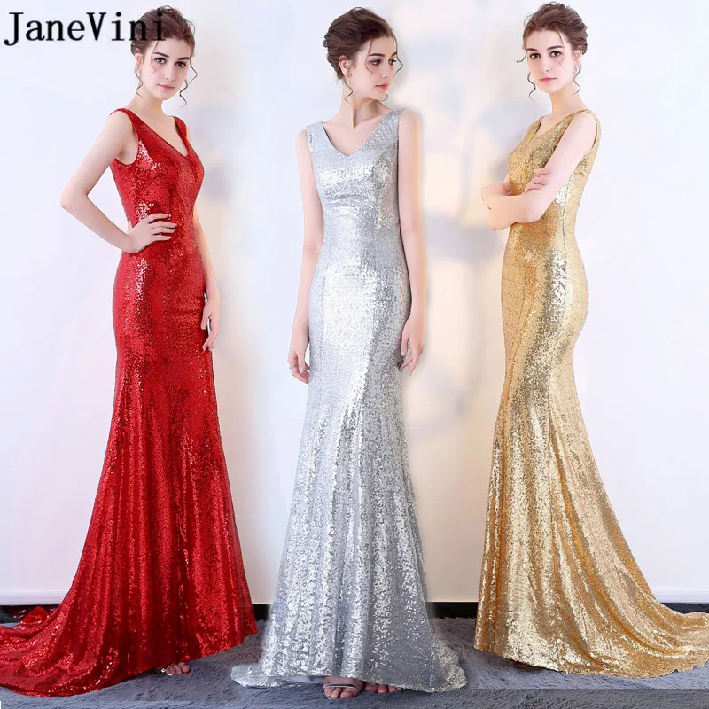 JaneVini 2018 Shiny Pailletten Gold Bruidsmeisjekleding Lange Mermaid V-hals Bruiloft Jurk Mouwloze Meisjes Prom Gowns JaneVini 2018 Shiny Pailletten Gold Bruidsmeisjekleding Lange Mermaid V-hals Bruiloft Jurk Mouwloze Meisjes Prom Gowns