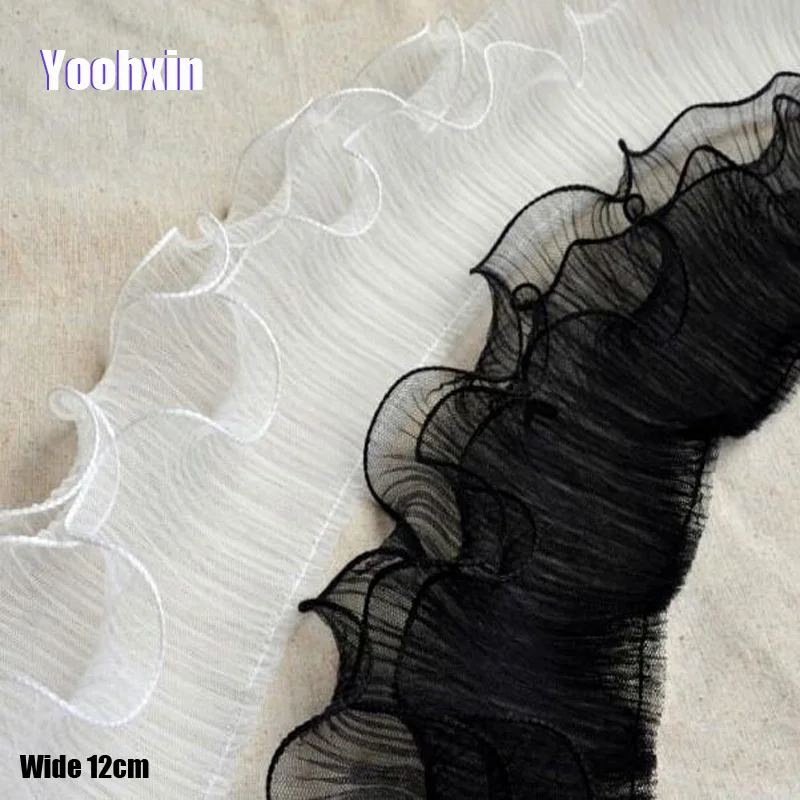 

12CM Wide HOT Embroidery White black flower tulle lace fabric trim ribbon DIY sewing Ruffle applique collar dubai wedding decor