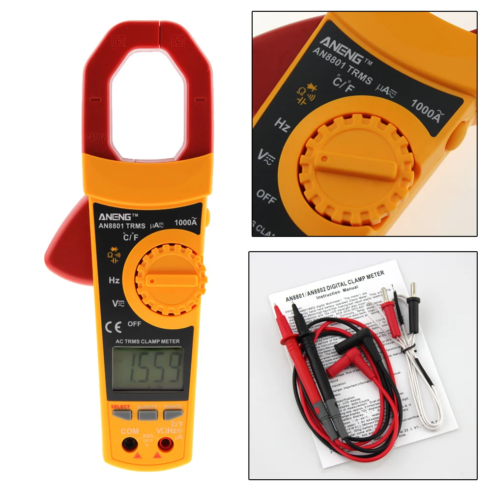 

TRMS LCD Clamp AN8801 Multimeter w/ Backlight Temperature Voltage Current Resistance Capacitance Meter Auto Range Ammeter
