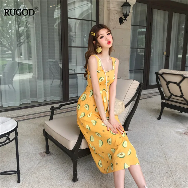 RUGOD/ корейские летние женские платья на бретельках с эластичным нагрудным принтом авокадо, платья с завышенной талией, повседневные женские платья