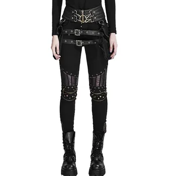 

Steampunk Women's PU Leather Stitching Pants Mortorcycle Rivets Tight Skinny Trousers Rock Victoruan Slim-fitting Pencil Pants