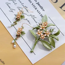 

European jewelry Orange flower elegant retro green leaf pearl flower earrings set luxury romantic accessory gift 0015