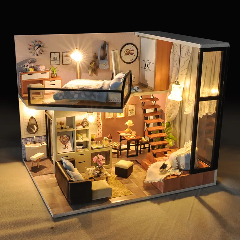 

Miniature Dollhouse Diy Doll House Mini Casa With Furnitures Led Light Villa Building Kits House Model Toys For Children TD16 #E