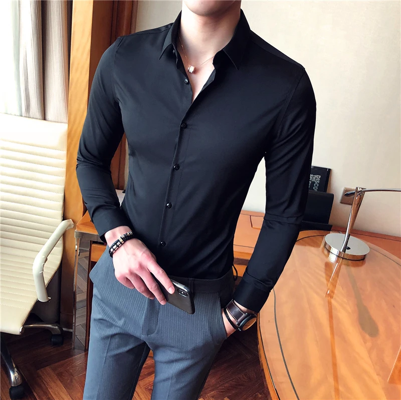 2018 spring new Korean version of the solid color fashion Slim free commerce long-sleeved shirt male British leisure shirt male