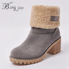 BANGJIAO/; женские ботинки; женская зимняя обувь; женские теплые зимние ботинки на меху; ботильоны на квадратном каблуке; bota feminina; botas mujer